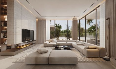 Behance 上的 Dubai Villa Neutral Modern Living Room, Architecture Development, Dubai Villa, Luxurious Living Room, Room Ideas Aesthetic, Neutral Design, Amazing Home, Holiday Villa, House Room