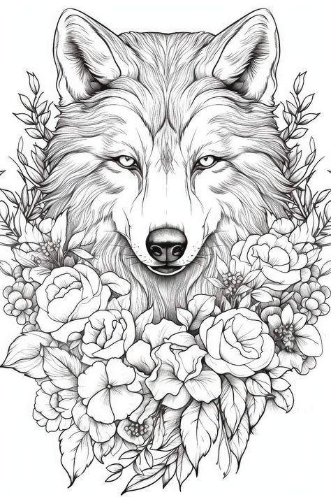 Wolve Drawings, Adult Coloring Book Pages Free Printable, Animal Coloring Pages For Adults, Wolf With Flowers, Adult Coloring Pages Free Printable, Wolf Coloring Pages, Wolf Sitting, Beautiful Coloring Pages, Forest Coloring Pages