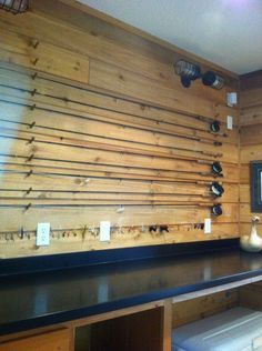 Gear Room Ideas, Fly Tying Desk, Gear Room, Fishing Storage, Fishing Rod Storage, Fishing Rod Rack, Gear Storage, Fishing Room, Fishing Waders