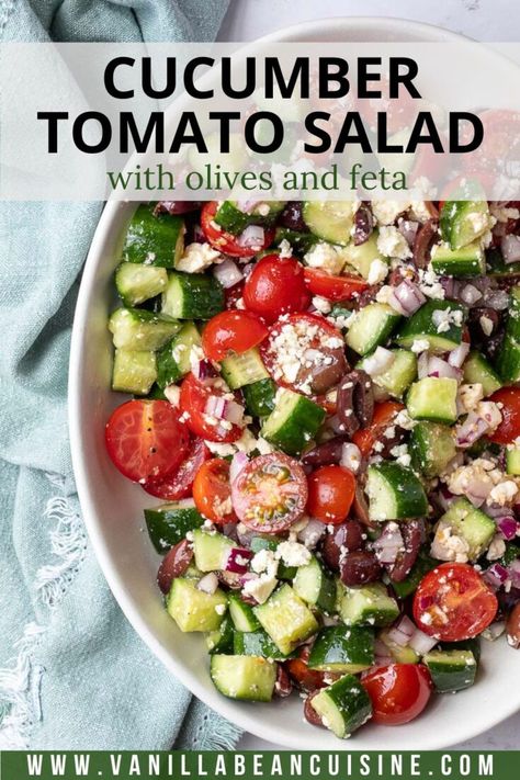 Mediterranean Cucumber, Mediterranean Cucumber Salad, Baked Pita Chips, Mediterranean Salad Recipe, Vegetarian Main Course, Red Wine Vinaigrette, Olive Salad, Cucumber Tomato Salad, Tomato Cucumber