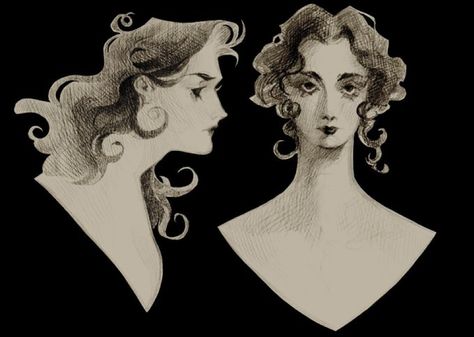 Head To The Side Reference, Face Shapes Reference Drawing, Long Face Drawing, Inner Critic Illustration, Two Friends Art Reference, Female Head Poses, Looking Behind Reference, 1950s Illustration Art, Poses Women Reference