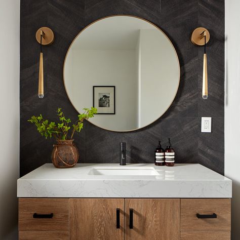 Powder Room Black Accent Wall, Modern Powder Rooms With Wallpaper, Modern Half Bathroom Ideas Powder Rooms Floating Vanity, Powder Room Organic Modern, Black Wallpaper Powder Room, Modern Rustic Powder Room, Earthy Powder Room, Dark Accent Wall Bathroom, Organic Modern Powder Room