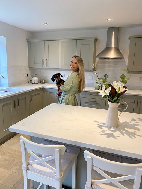 New Build Kitchen Ideas Uk, Redrow Kitchen, Kitchen Worktop To Go With Light Grey Units, Cream Kitchen Grey Worktop, New Build Kitchen Ideas, Kitchen New Build, Howdens Greenwich Sandstone, Howdens Allendale Sage Green, Sage Cabinets