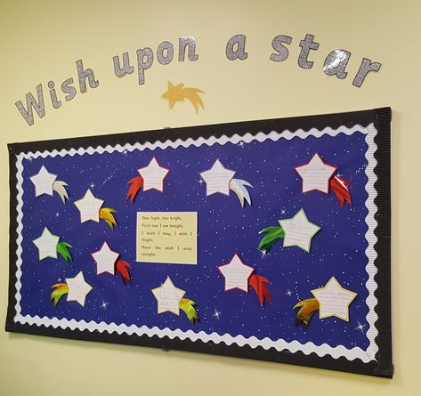 'Wish upon a star' classroom display. Wishes written on shooting stars Classroom Stars Theme, Make A Wish Bulletin Board, Star Chart For Classroom, Stars Bulletin Board Ideas, Star Classroom Theme, Star Themed Classroom, Star Bulletin Boards, Birthday Chart Classroom, Welcome Bulletin Boards