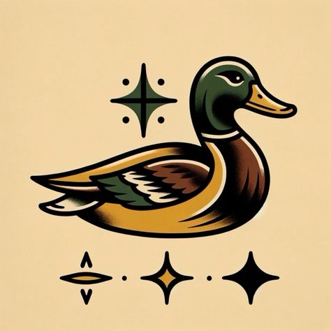 Duck Tattoo American Traditional, American Traditional Duck Tattoo, Traditional Duck Tattoo, Wood Duck Tattoo, Mallard Tattoo, Mallard Duck Tattoo, Flash Tattoo Sleeve, Trad Tattoos, Duck Tattoos