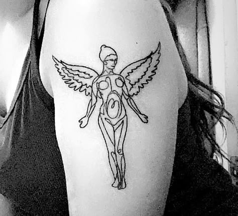 Nirvana In Utero Tattoo Outline, Libertines Tattoo, Nirvana Tattoo, Line Drawing Tattoos, Small Chest Tattoos, Angel Tattoo, Dope Tattoos For Women, Cute Friend Pictures, Tattoo Outline