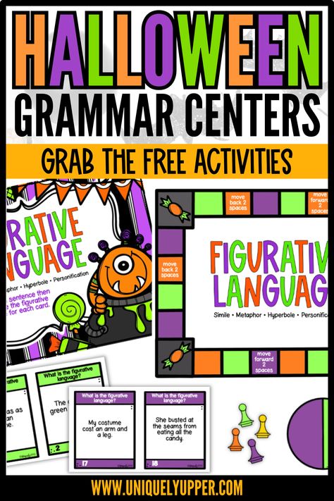 3rd Grade Halloween Reading Activities, Halloween Ela Centers, Halloween Ela Activities 4th Grade, Halloween Games Upper Elementary, Halloween Class Games Second Grade, Simile Activities, Halloween Figurative Language Activities, Halloween Grammar Activities, Elementary Grammar