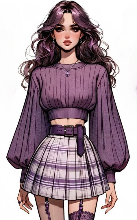 Smart Casual Looks, Purple Combination, Digital Art Character Design, Digital Art Character, Princess Inspired Outfits, Mini Skirt Fashion, Fashion Design Drawing, Art Character Design, Skirt Purple