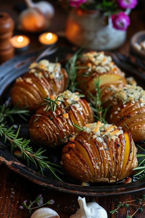 Hasselback potatoes garnished with rosemary and cheese, served on a dark platter with a rustic backdrop. Elevated Family Dinner, Upscale Potatoes, Fancy Dinner Party Meals, Fancy Potatoes Side Dishes Holidays, Christmas Dinner Potato Recipes, Friendsgiving Dinner Recipes, Main Meals For Dinner Party, Fancy Wedding Food Dinners, Side Dishes For Gatherings