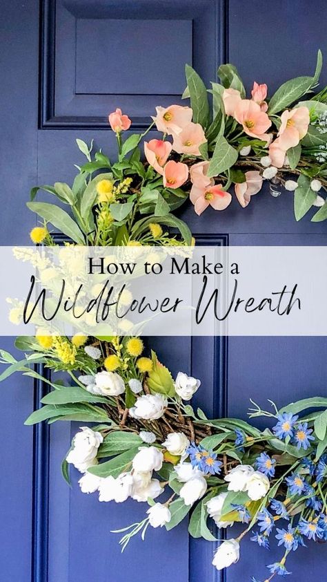 How to Make a Wildflower Wreath for Spring and Summer – Hymns & Home Floral Wreath Tutorial, Spring Outdoor Wreaths, How To Make A Flower Wreath, Summer Floral Wreath, Diy Outdoor Wreath, Spring Diy Wreath, Everyday Wreath April's Garden, Wild Flower Wreaths, Spring Wreath Dried Flowers