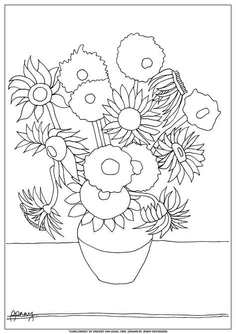 Van Gogh Sunflowers Drawing, Van Gogh Coloring Pages, Van Template, Drawing Sunflowers, Van Gogh Art Lesson, Famous Art Coloring, Van Gogh Coloring, Desenhos Van Gogh, Van Gogh Drawings