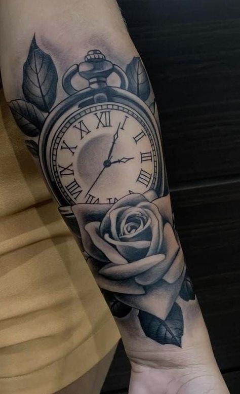 Pocket Watch Tattoo Design, Clock And Rose Tattoo, Cover Up Tattoos For Men, Watch Tattoo Design, Gear Tattoo, Floral Back Tattoos, Pocket Watch Tattoos, Rose Drawing Tattoo, Lion Tattoo Sleeves