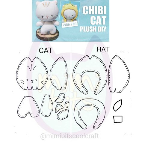 @mimibitscoolcraft on Instagram: “This is the pattern for chibi cat plush, you can use this pattern to make one for yourself for free. If you want the PDF printable pattern…” Cat Plush Pattern, Plushies Diy, Diy Plush Dolls, Chibi Cat, Sewing Stuffed Animals, Kawaii Doll, Diy Hat, Plush Pattern, Cat Plush