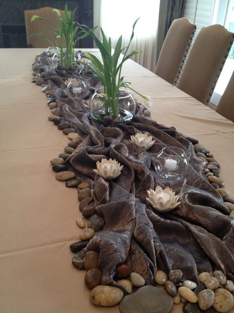 Centerpiece, stream, river, lake, nature themed table decor Fish Table Decorations, Water Theme Table Decor, Everglades Theme Party, River Party Decorations, Nature Themed Table Decor, Nature Themed Centerpieces, River Themed Decor, Water Theme Centerpieces, River Themed Birthday Party