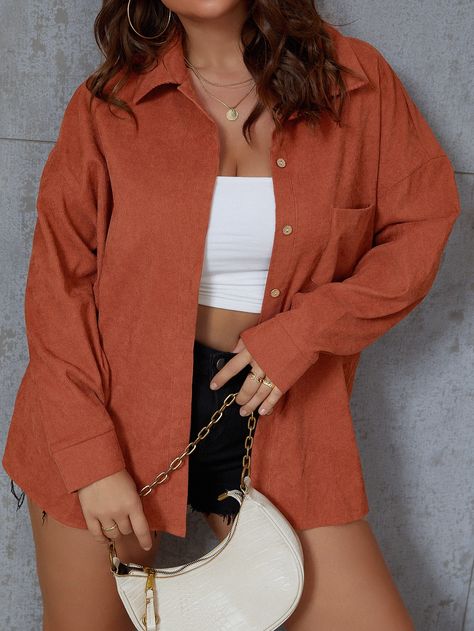 Flowy Shirt Outfit, Orange Shirt Outfit, Oversized Shirt Outfit, Color Caoba, Outfits Con Camisa, Drop Shoulder Coat, Corduroy Blouse, Orange Outfit, Flowy Shirt