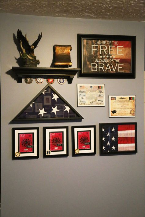 Military wall Wall ideas Military Wall Of Honor For Veterans Ideas, Veteran Wall Of Honor Ideas, Wall Of Honor For Veterans, Award Wall Display Ideas Office, Veterans Wall Of Honor Ideas, Military Themed Bedroom, Military Office Decor Ideas, Military Bedroom Ideas, Memorial Wall In Home Diy