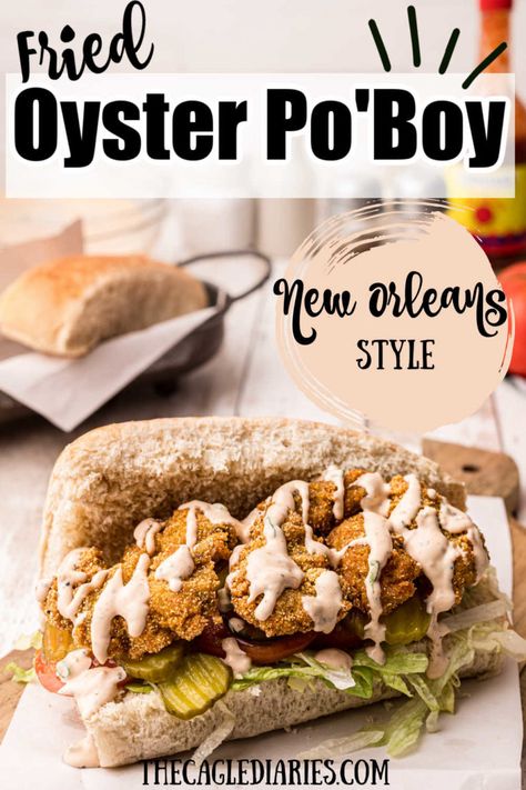 picture of fried oysters on a bun (oyster po'boy) on top of lettuce tomatoes and pickle slices. Drizzled with a remoulade sauce. Fried Oyster Poboy Sandwich, Oyster Poboy Sandwich, Fried Oyster Recipes, Big Sandwiches, Oyster Ideas, Tacos Sauce, Oyster Recipe, Seafood Sauce Recipe, Po Boy Sandwich