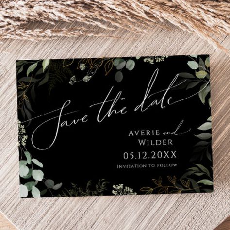 $2.86 - Whimsical Greenery Black and Gold Horizontal - boho wedding announcement stationery, greenery save the date invite, watercolor save the date card, enchanted botanical save the date, sage green eucalyptus and gold, elegant modern black whimsical summer, simple rustic dark and moody, minimalist classic classy autumn garden, bohemian romantic natural fall fern, romantic forest green spring ss052 Sage Green And Black Wedding Invitations, Black And Green Wedding Invitations, Black And Green Wedding, Moody Minimalist, Classy Autumn, Romantic Forest, Rustic Wedding Save The Dates, Rustic Save The Dates, Wedding Wonderland