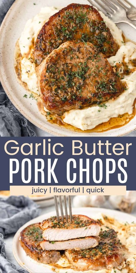 This Garlic Butter Pork Chops recipe tops juicy pork chops with a homemade sauce that's rich and flavorful, but incredibly simple. Searing the pork chops before adding the garlicky butter topping gives them a beautiful brown crust that's fork-tender and mouthwatering. Ranch Style Pork Chops, Garlic Butter Pork Chops, Butter Pork Chops, Pork Loin Chops Recipes, Healthy Pork Chop Recipes, Easy Gluten Free Dinner, Healthy Pork Chops, Best Pork Chop Recipe, Chips Recipes