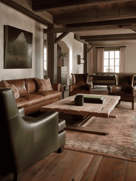 Rustic Living Room: Layering Textures with Leather Seating Rustic Leather Sofa Living Room, Brown Leather Sofa Living Room Rustic, Green And Brown Leather Living Room, Leather Seats Living Room, Brown Chair Living Room, Living Room Leather Chairs, Brown And Green Living Room, Rustic Leather Sofa, Dark Leather Couches