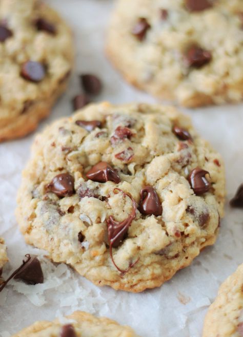 Soft and chewy cookies with loads of chocolate chips, chopped pecans, oats, and coconut. These jumbo-sized cowboy cookies are the BEST! Best Cowboy Cookies, Cowboy Cookie, Cowboy Cookie Recipe, Coconut Cookies Recipes, Coconut Chocolate Chip Cookies, Cowboy Cookies, Cookies Soft, Chewy Cookies, Roasted Pecans