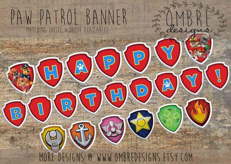 Paw Patrol Banner, INSTANT DOWNLOAD, Paw Patrol Party, Paw Patrol Decorations, Paw Patrol Birthday, Paw Patrol Printable Party, Marshall by OmbreDesigns on Etsy https://www.etsy.com/listing/227571631/paw-patrol-banner-instant-download-paw Paw Patrol Printable, Paw Patrol Banner, Paw Patrol Badge, Birthday Paw Patrol, Paw Patrol Printables, Paw Patrol Decorations, Banner Printable, Marshall Paw Patrol, Patrol Party