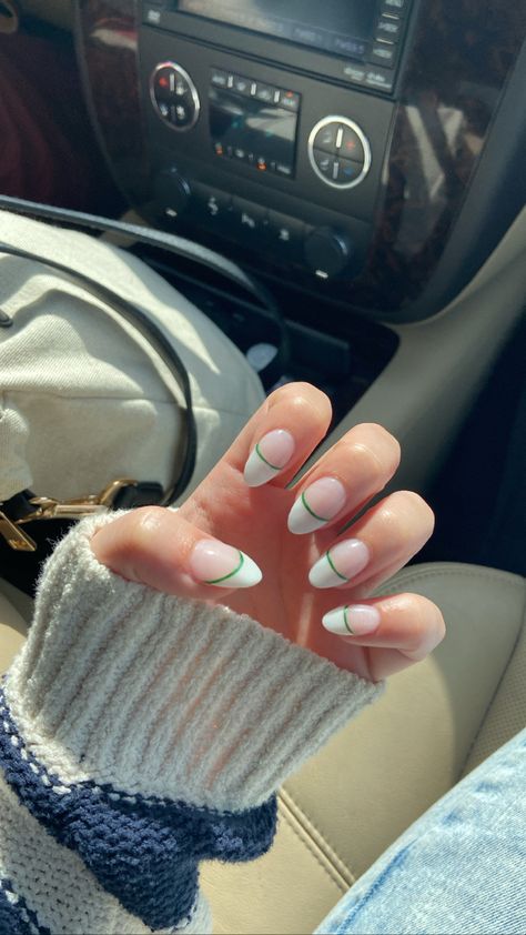 Green Acrylic Nails Almond Shape, White French With Color Line, Green And White French Nails, Two Tone Green French Tip Nails, White French Tip With Green Line, French Nails With Line Under, White French Tip Nails With Green Design, French Tip With Underline, White French Tip With Color Line