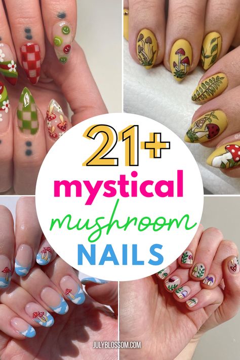 21+ Mystical Mushroom Nails to Try Now - ♡ July Blossom ♡ Fairy Mushroom Nails, Mushroom Fairy Nails, Toadstool Nail Art, Mushroom Design Nails, Nail Ideas Mushroom, Forest Theme Nails, Mushroom Gel Nails, Toadstool Nails, Fairy Nail Ideas