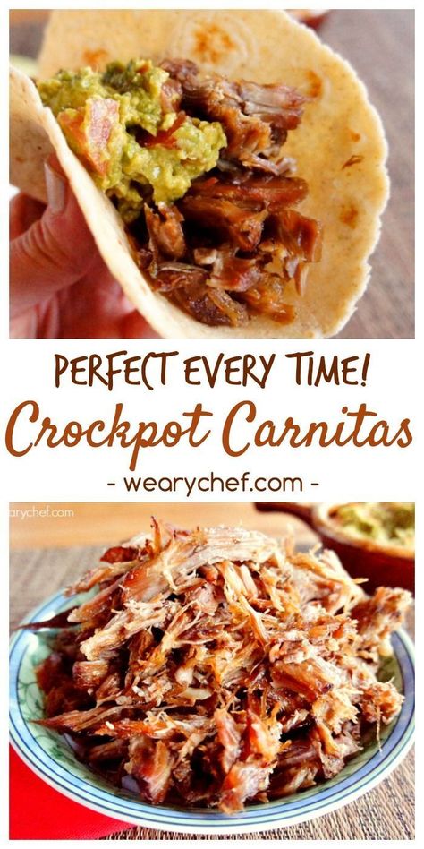 These Crockpot Carnitas are the best thing to ever come out of my slow cooker! They are a reader favorite because they turn out perfect every time. #thewearychef #crockpot #carnitas #slowcooker #easydinner #quickdinner Crockpot Carnitas Recipes, Crockpot Pork Carnitas, Crockpot Carnitas, Slow Cooked Pork, Carnitas Recipe, Pork Carnitas, Mexican Foods, Crockpot Pork, Crock Pot Slow Cooker