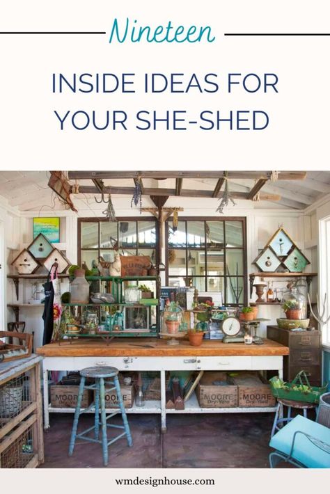 19 fabulous ideas of how you can use your She-shed Inside She Shed Ideas, Potting Shed Interior Ideas, Rustic She Shed, She Shed Interior Ideas, She Shed Decorating Ideas, Artist Shed, She Shed Ideas, Vintage French Doors, She Shed Interior