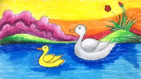 scenery drawing Natural Scenery Drawing, Duck In Pond, Scenery Drawing Easy, Pond Drawing, Basic Drawings, Scenery Drawing, Easy Drawings For Kids, Basic Drawing, Drawings For Kids