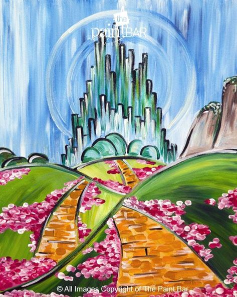 Wine Glass Painting, Wizard Of Oz Decor, Painting City, Painting Kids, Wine And Canvas, Paint Bar, The Wizard Of Oz, Pinturas Disney, The Wizard