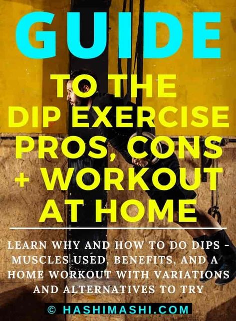 Dip Workout at Home - This article reveals why and how to do dips, muscles worked, benefits, drawbacks, and an excellent home workout with variations and alternatives to try out.

dip workout at home | dips at home workout | workout dips at home | at home dips workout | chest dips workout at home Chest Dips, How To Do Dips, Dips Workout, Bike Workouts, Leg Workout With Bands, Workout Chest, At Home Exercise, Dip Workout, Bad Knee Workout