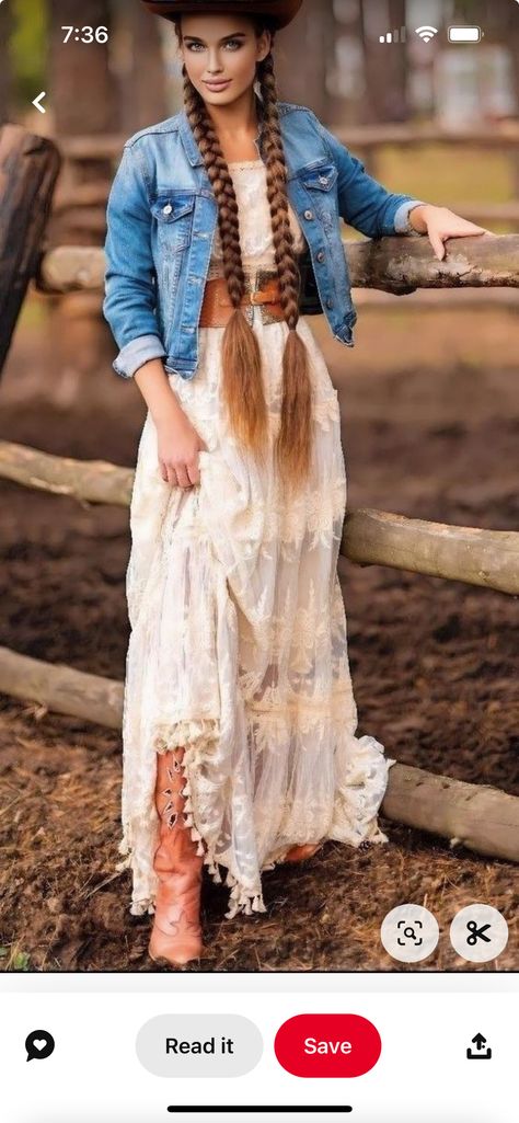 Lace Dress With Cowboy Boots, Dresses With Jean Jackets, Rodeo Outfits For Women, Vestidos Country, Dress With Cowboy Boots, Western Chic Fashion, Cowgirl Outfits For Women, Boots Outfit Ideas, Cowboy Boots Outfit