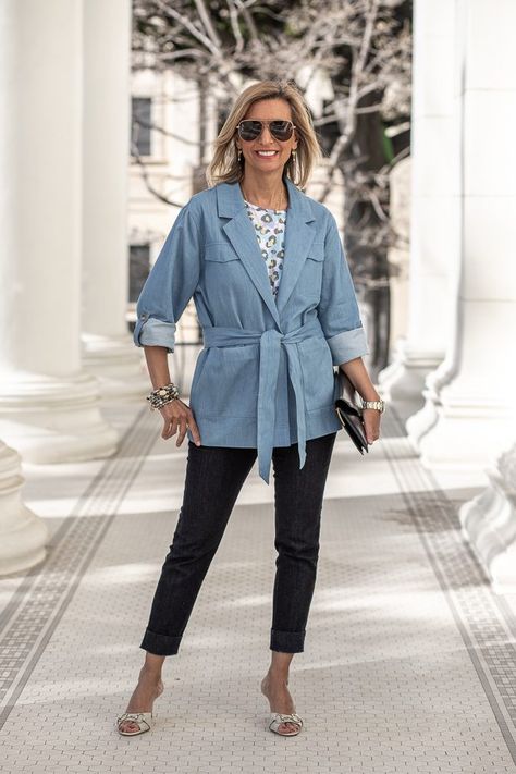 Chambray Blue The Perfect Denim Color For Spring Denim Blazer Women, Chambray Blazer, Perfect Denim, Denim Blazer, Denim Color, Leopard Print Top, Spring Women, Spring Jackets, Woman’s Day