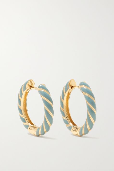 Alison Lou's 'Medium Streamer' earrings are perfect for wearing every day. They come in a twisted design handmade from 14-karat gold and coated with enamel in a shade the brand likens to jeans. Wear yours stacked with other hoops, studs and huggies. Enamel Earrings Studs, Gold And Enamel Jewelry, Enamel Fine Jewelry, Enamel Hoop Earrings, Blue And Gold Jewelry, Ginkgo Earrings, Gold Enamel Jewelry, Blue Hoop Earrings, Enameled Jewelry