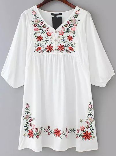 Shop White V Neck Hibiscus Embroidered Loose Dress online. SheIn offers White V Neck Hibiscus Embroidered Loose Dress & more to fit your fashionable needs. White Embroidery Dress, Embroidered White Dress, Floral Embroidery Dress, Stil Boho, Mode Boho, Peasant Dress, White Embroidery, Embroidery Dress, Loose Dress