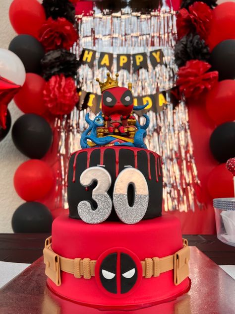 Deadpool Theme Birthday Party, Deadpool Birthday Party Ideas, Deadpool Theme, Deadpool Cake, Deadpool Party, Deadpool Birthday, Hulk Buster, 18th Cake, 30th Bday