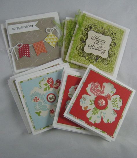 Hi there!  I have a little bunch of 3x3 cards to share with you today. These cards are just the perfect little touch to a gift and they fit nicely into Stampin' Up!'s small Square Envelopes (p.162)... Mini Cards Handmade, 3x3 Cards, Make It Monday, Sewing Cards, Pizza Boxes, Square Envelopes, Mini Cards, Paper Crafts Card, Square Card