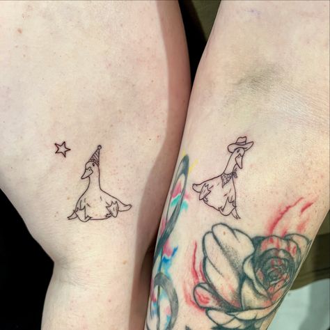 Goose Matching Tattoos, Silly Goose Tattoo Matching, Funky Matching Tattoos, Tiny Goose Tattoo, Goose Tattoo Ideas, Cute Goose Tattoo, Quirky Matching Tattoos, Goose Tattoo Simple, Matching Duck Tattoo