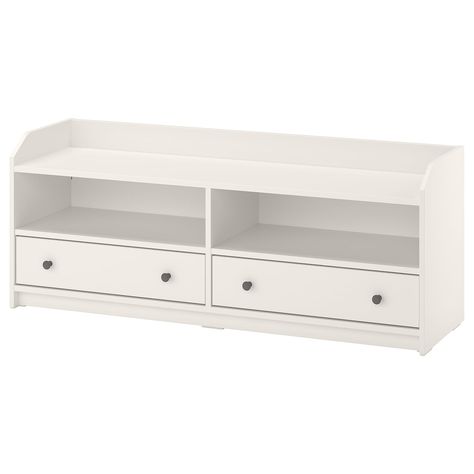 HAUGA TV unit, white, 543/8x141/8x211/4" Use throughout the home, on its own or with other furniture in the HAUGA series. This TV unit has 2 drawers where you can store remote and game controls – and cable management to keep all cables tidy. Ikea Hauga Tv, Ikea Hauga, Ikea Tv, Grey Furniture Living Room, Tv Bank, Tv Bench, Tv Storage, Sliding Wardrobe Doors, Painted Drawers