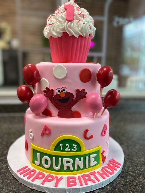 Elmo Birthday Cake Girl, Elmo Cake Girly, Elmo Birthday Party Girl, Elmo Cakes, Elmo Smash Cake, Elmo Birthday Cake, Elmo First Birthday, Donut Themed Birthday Party, Elmo Cake