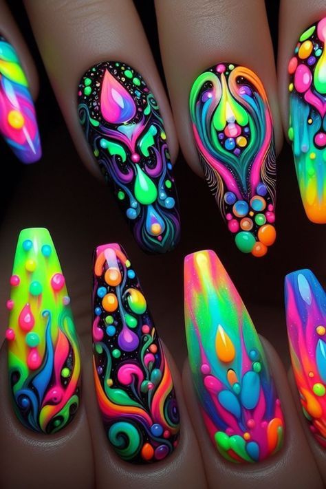 Electric Forest Nails, Satanic Nails, Fly Nails, Rhinestone Patterns, Fluorescent Nails, Neon Nail Art, Neon Nail Designs, Rainbow Nail, Nail Techniques