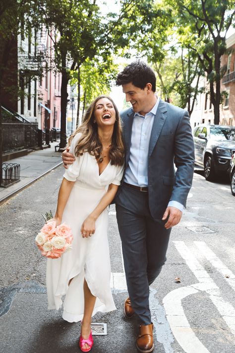 NY City Hall Elopement | The West Village | L&L Style Photo Wedding Dress Semi Formal, Casual Wedding Dress Courthouse Fall, Wedding In The City, Civil Wedding Ideas, City Hall Wedding Dress, Elopement City, Bohemia Wedding, City Wedding Dress, Wedding City Hall