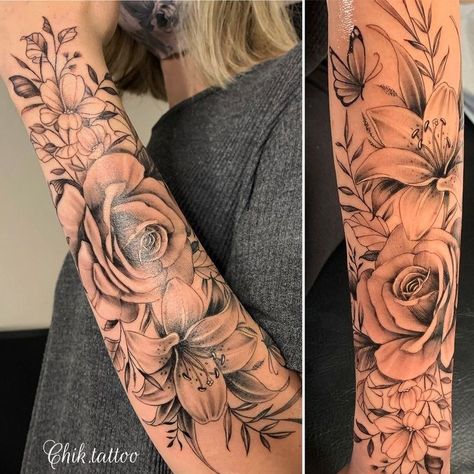 Tattoos Forearm, Half Sleeve Tattoos Forearm, Arm Sleeve Tattoos For Women, Half Sleeve Tattoos, Rose Tattoo Sleeve, Feminine Tattoo Sleeves, Tattoos Mandala, Forarm Tattoos, Muster Tattoos