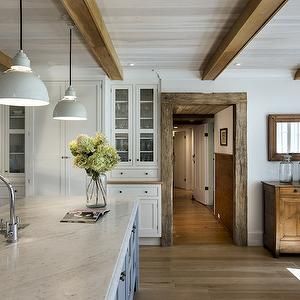 Crisp Architects - kitchens -gray kitchen island,  white marble countertops, modern white pendants, glass front kitchen cabinets Grey Farmhouse Kitchen, Kitchen New York, Kitchen Farmhouse, Cottage Kitchen, Wood Beams, Large Kitchen, Counter Tops, Ceiling Beams, Low Ceiling