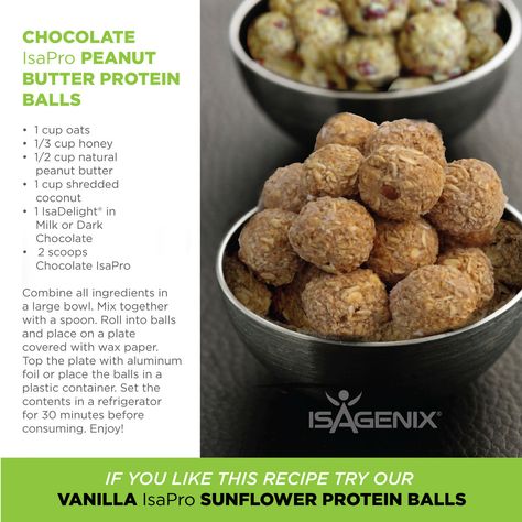 Chocolate Peanut Butter Protein Balls. Using Isagenix Whey. Isagenix Shake Recipes, Isagenix Snacks, Peanut Butter Protein Balls, Whey Protein Recipes, Fat Burning Snacks, Protein Balls Recipes, Healthy Protein Snacks, Herbalife Recipes, Protein Muffins