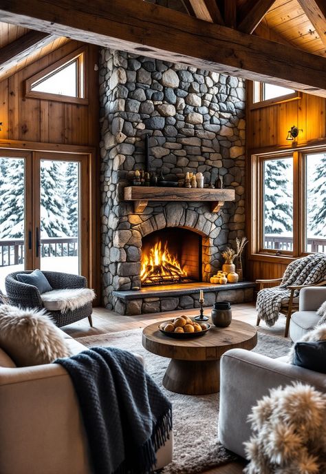 Small Cabin Interior Ideas Fireplace In Cabin, Small Cabin Exterior Ideas, Small Cabin Bathroom Ideas, Small Cabin Interior Ideas, Mountain Cottage Interiors, Cabin House Interior, Luxury Cabin Interior, Cabin Interior Ideas, Alpine Cabin