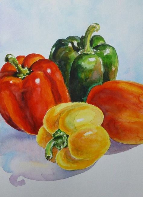 BELL PEPPERS Original watercolor painting by Akimova by irinart #tonyrunte41 Veggie Art, Vegetable Painting, Watercolor Food, Watercolor Fruit, Food Painting, Watercolor Painting Techniques, Fruit Painting, Painting Still Life, Still Life Art