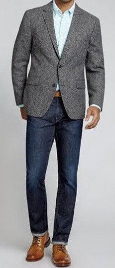 Pair a sports coat with your designer jeans. Wear a brown belt that matches the color of your shoes. Gray Sports Coat Outfit Men, Sports Jacket With Jeans, Sport Coat With Jeans, Sport Coat And Jeans, Sports Coat And Jeans, Sport Coat Outfit, Mens Sports Coat, Terno Slim, Grey Sport Coat